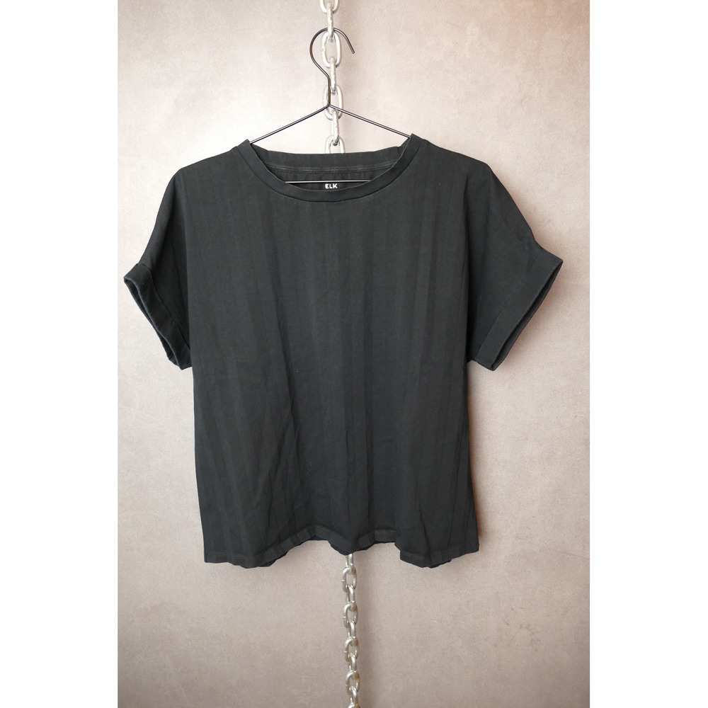 ELK Permanent Pleat Black Cotton Blend Relaxed‎ Fit Crew Neck T Shirt Top US6
